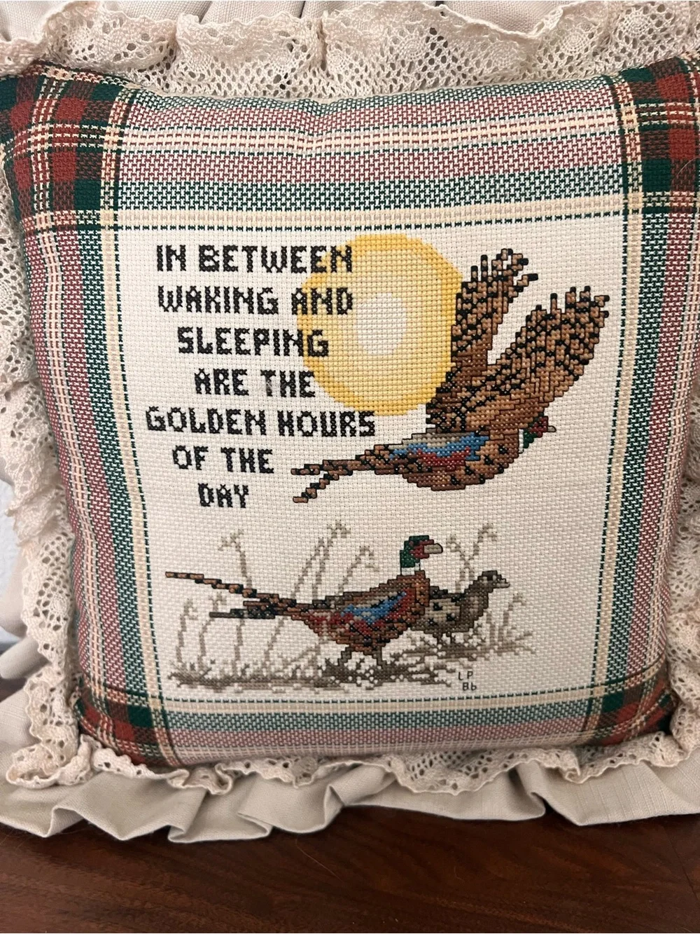 Vintage 90s Cross-Stitch Embroidered Pheasant Ruffle Pillow